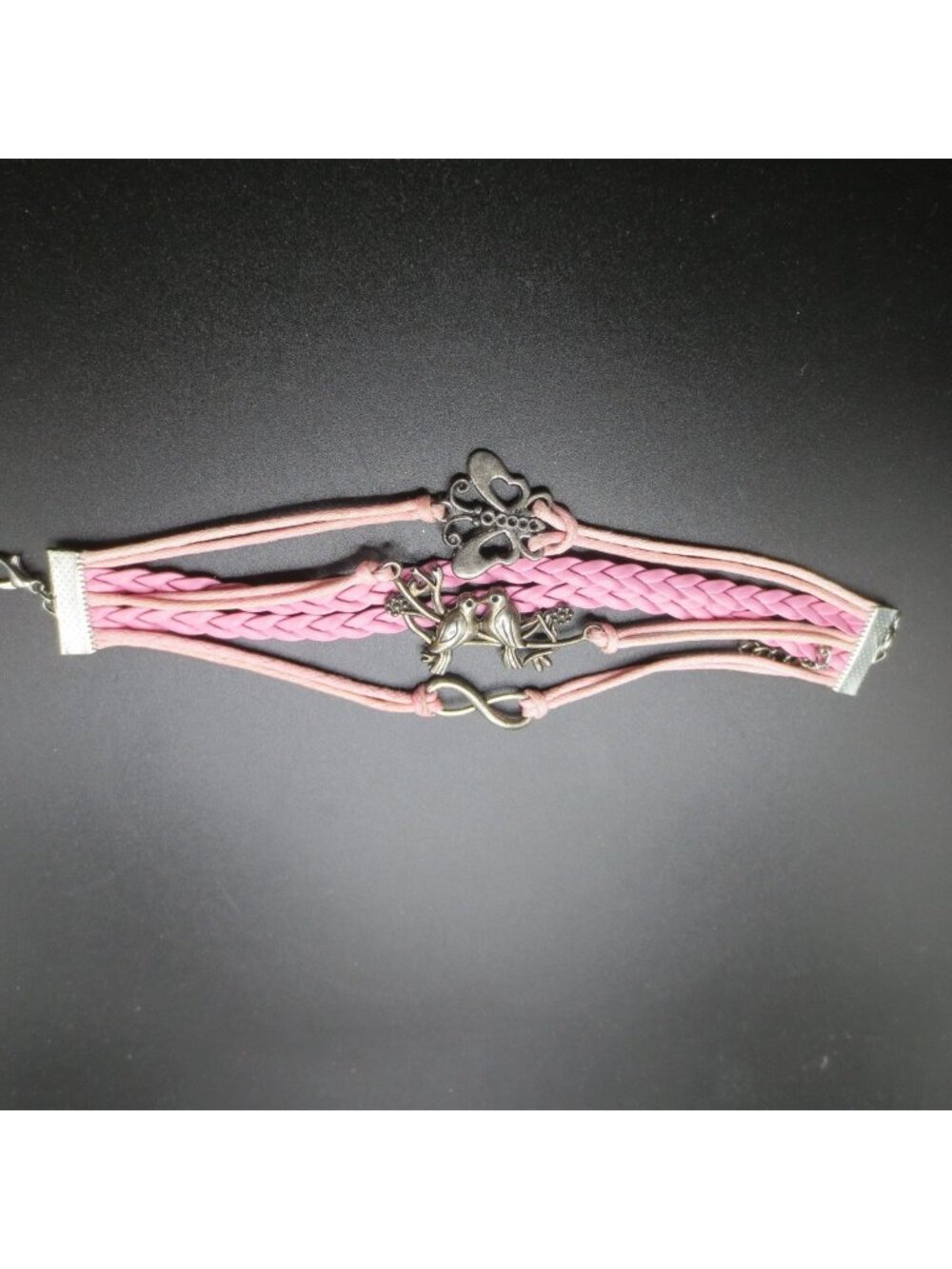 Pink Delicate Multi-string Silver Tone Leather & Satin Birds Butterfly Infinity